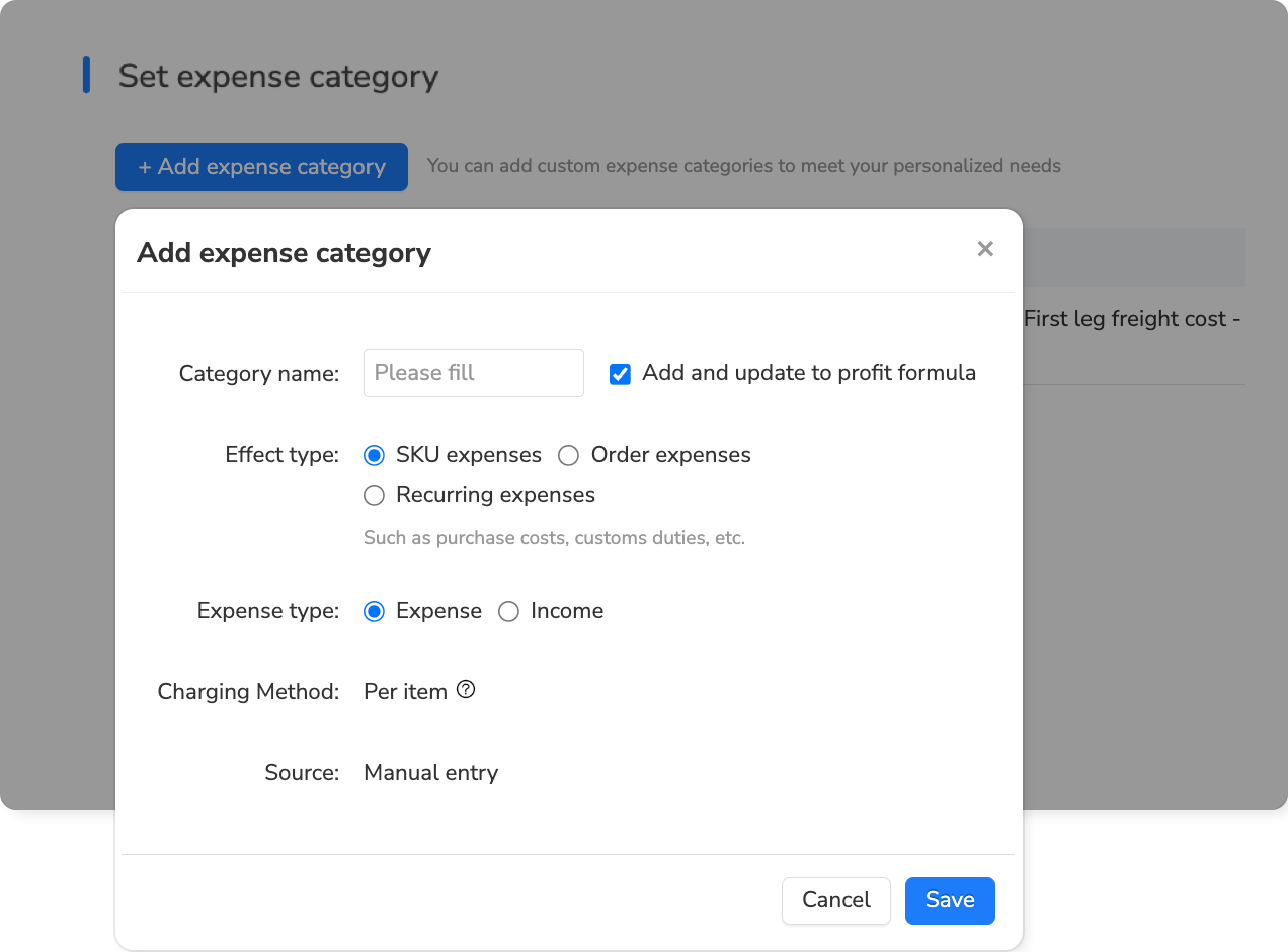 Fee category addition interface