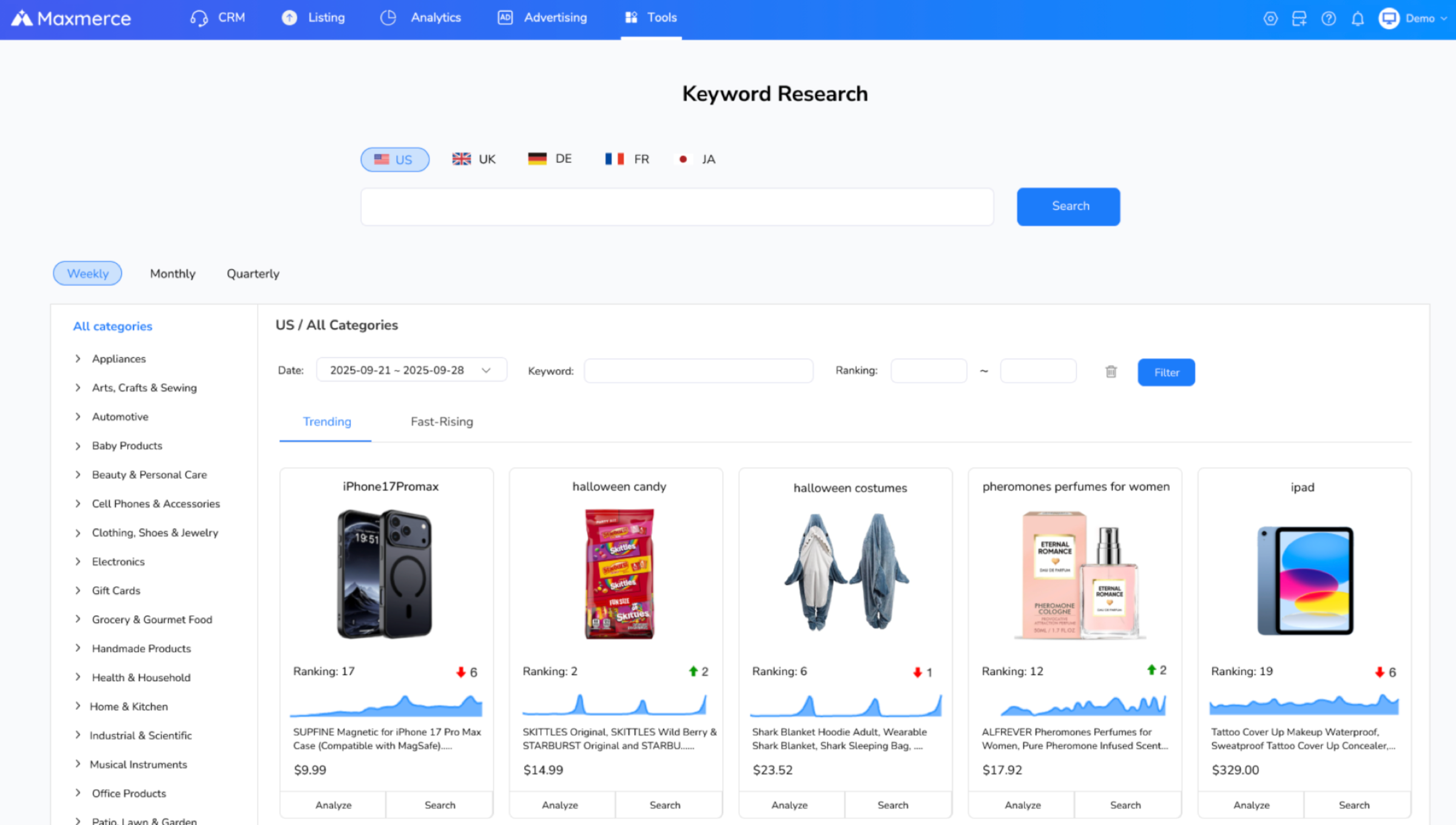 Amazon keyword research tool interface