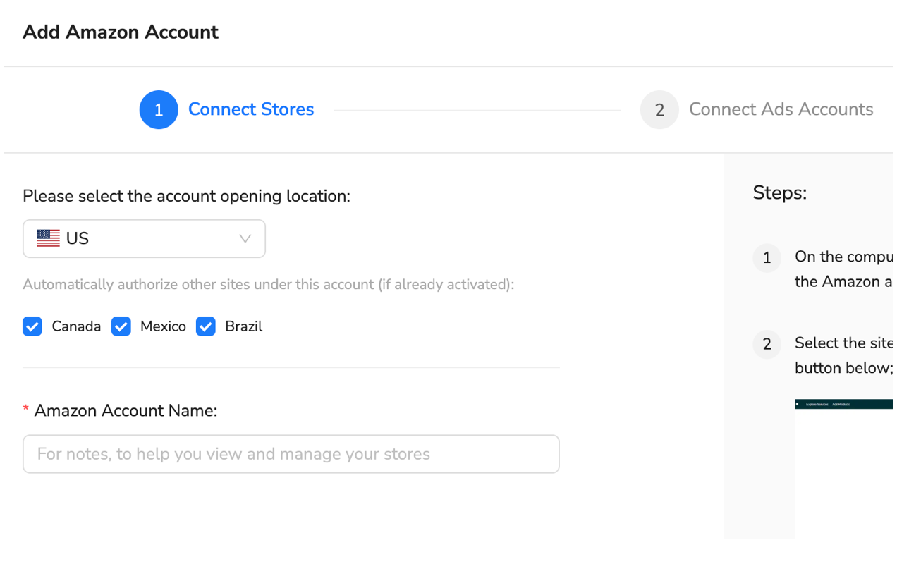 Amazon seller account connection interface