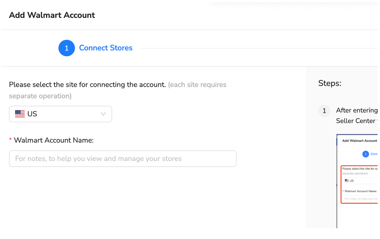 Walmart seller account connection interface