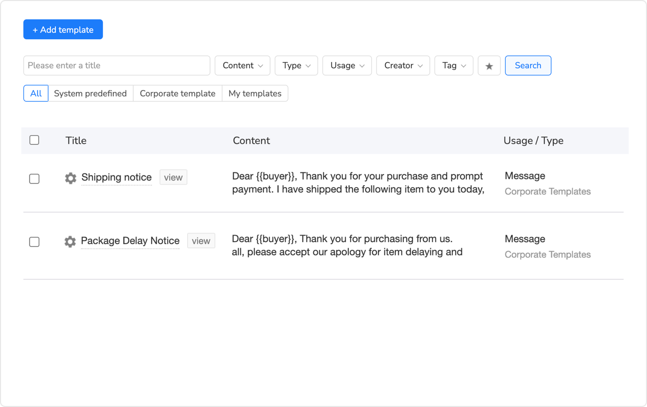Maxmerce CRM Reply Templates library with customizable return response templates