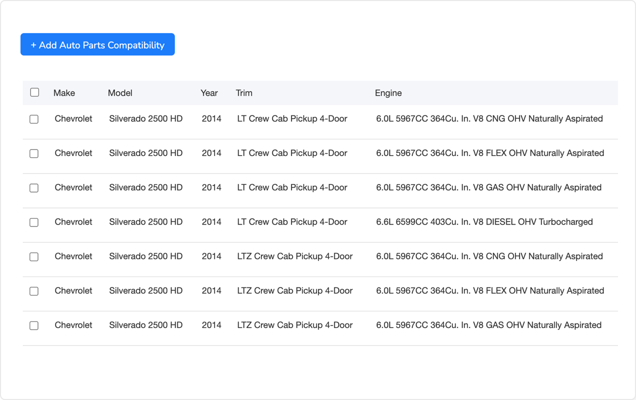 Auto parts compatibility tool interface