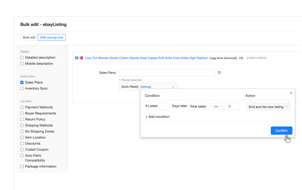 Maxmerce Auto Relist feature showing scheduled automatic relisting for eBay visibility boost