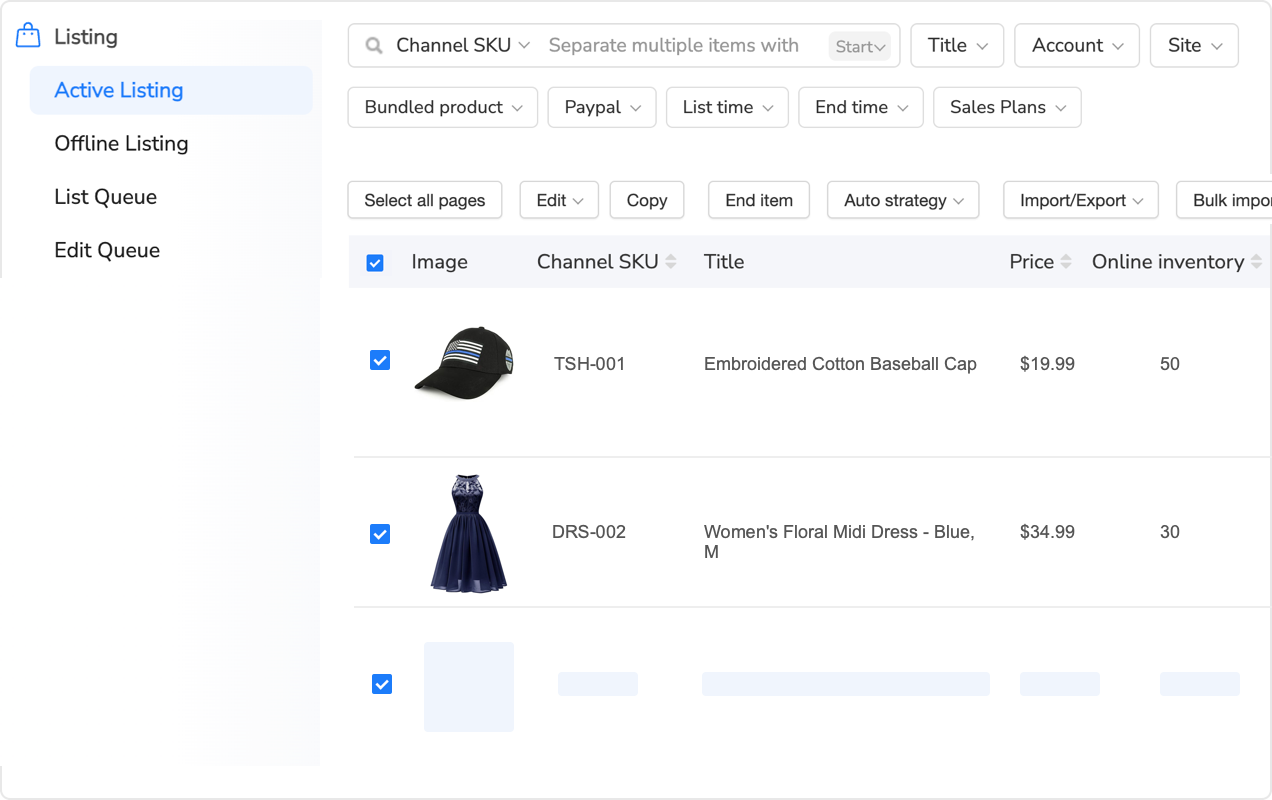 Manage online listings with cross-page selection