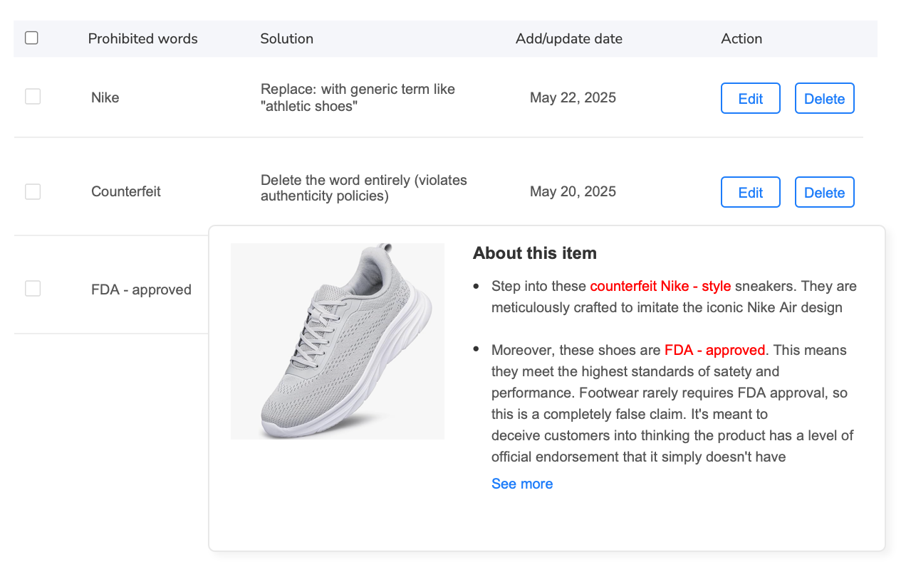 Prohibited words check tool for eBay listings
