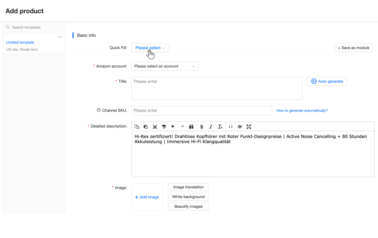 Maxmerce Reusable Modules interface showing pre-built content templates for shipping policies, product descriptions, and brand information