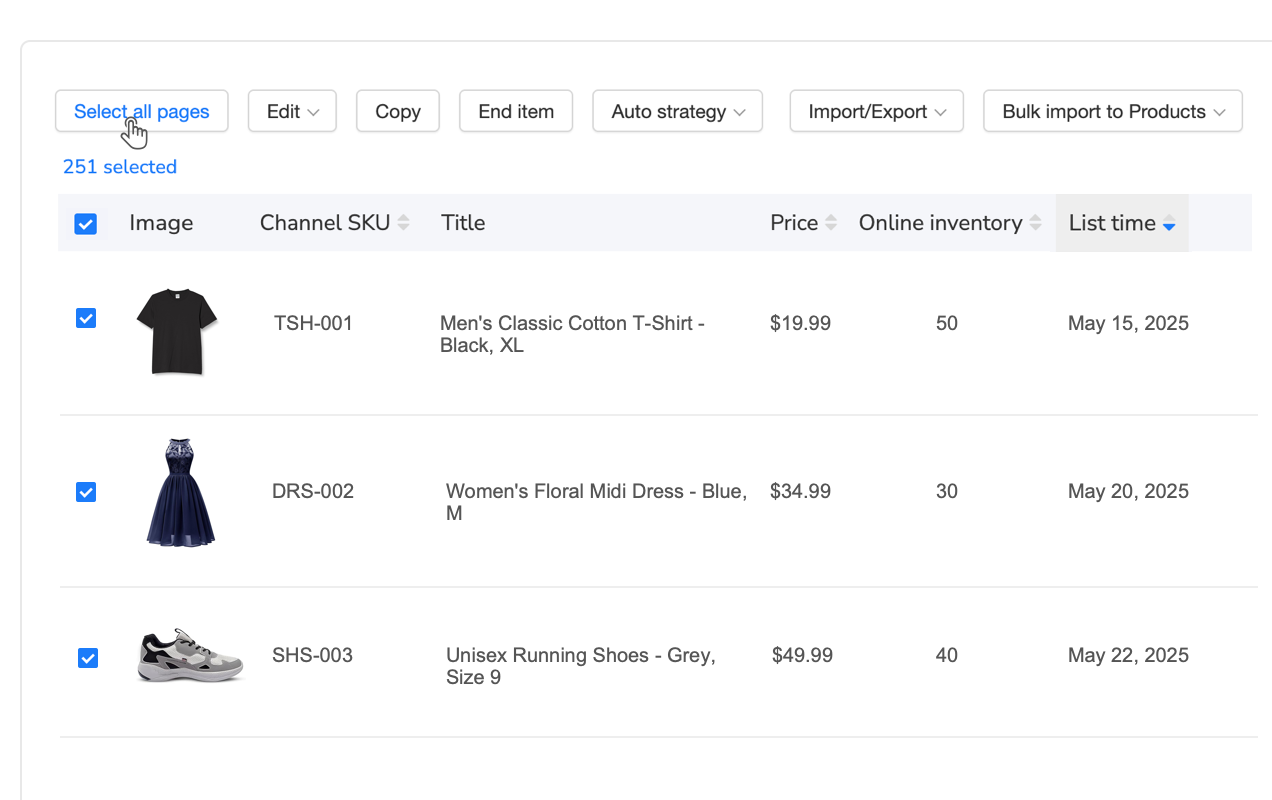 Bulk Walmart listing modification and editing interface