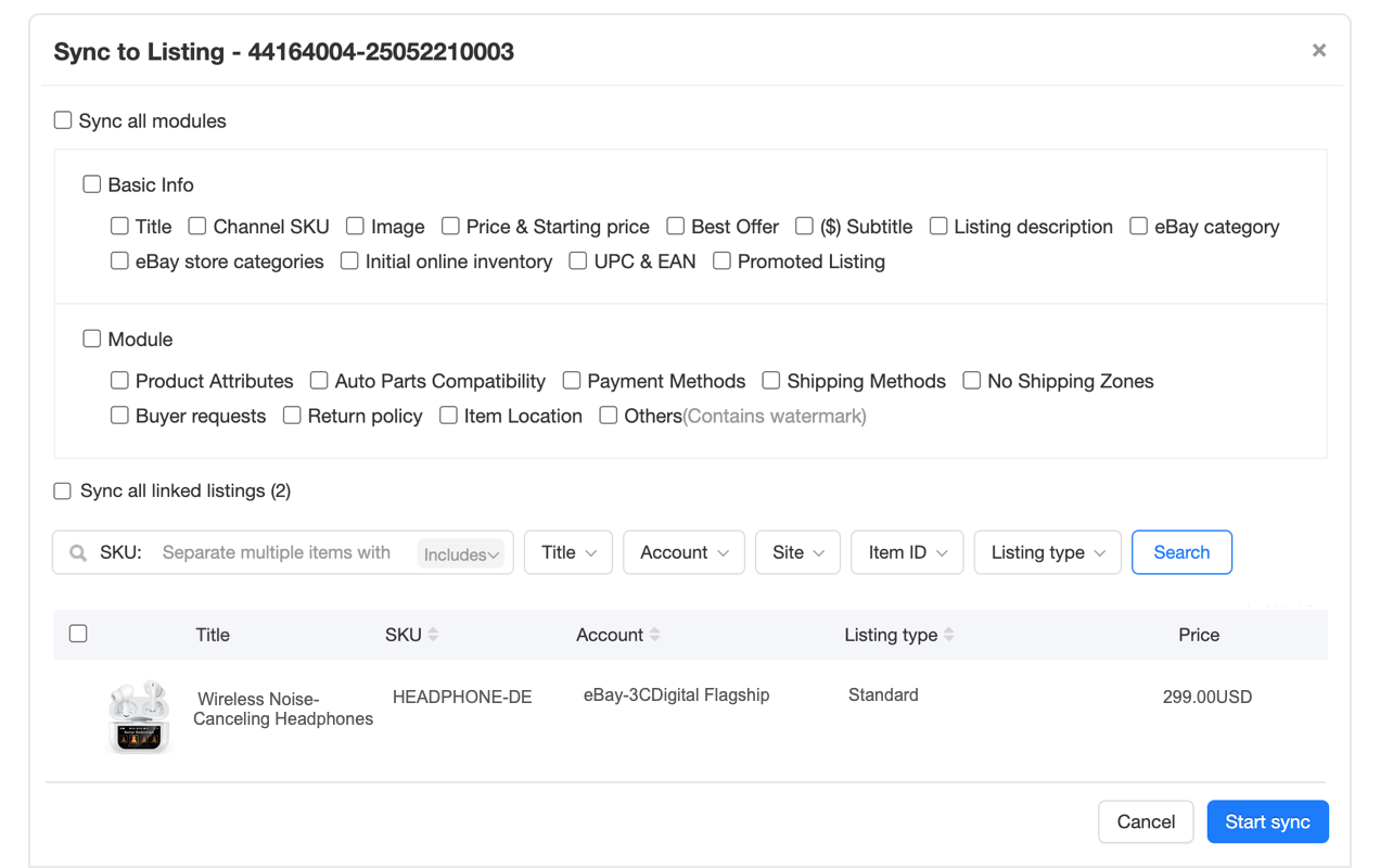 Listing synchronization interface showing multi-platform updates