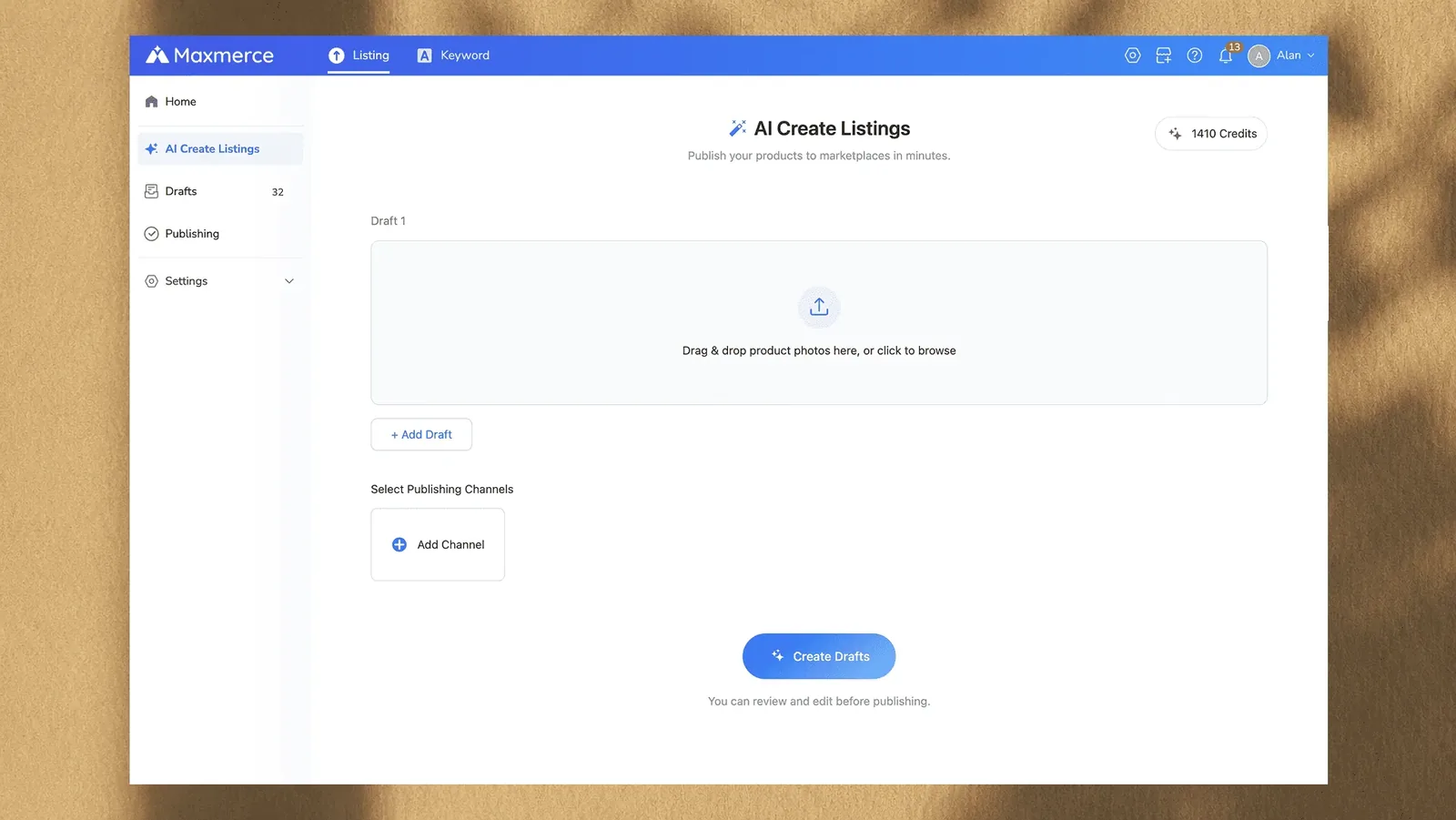 Maxmerce eBay AI listing tool upload product inputs screen