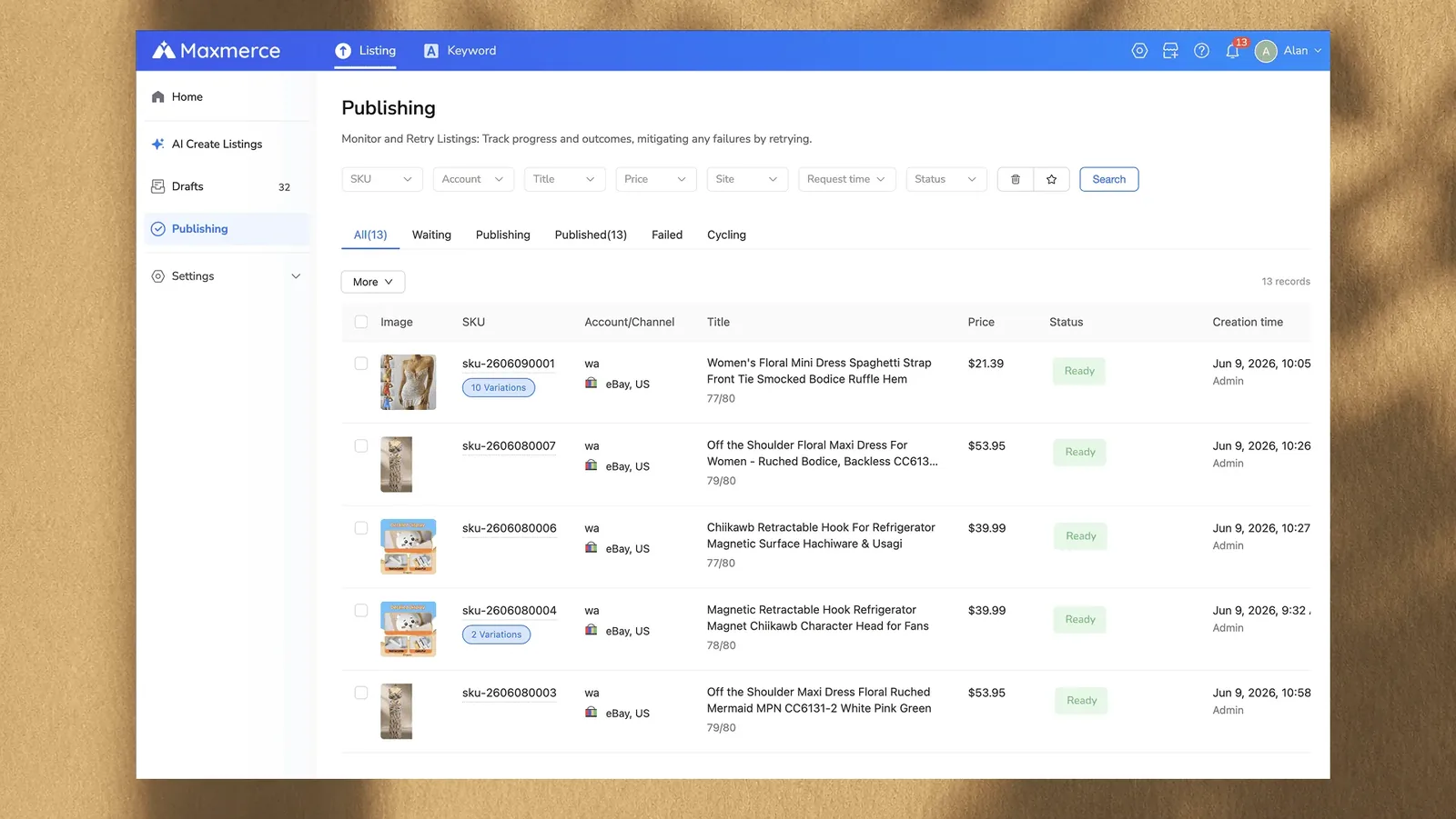Maxmerce eBay listing review and publishing screen