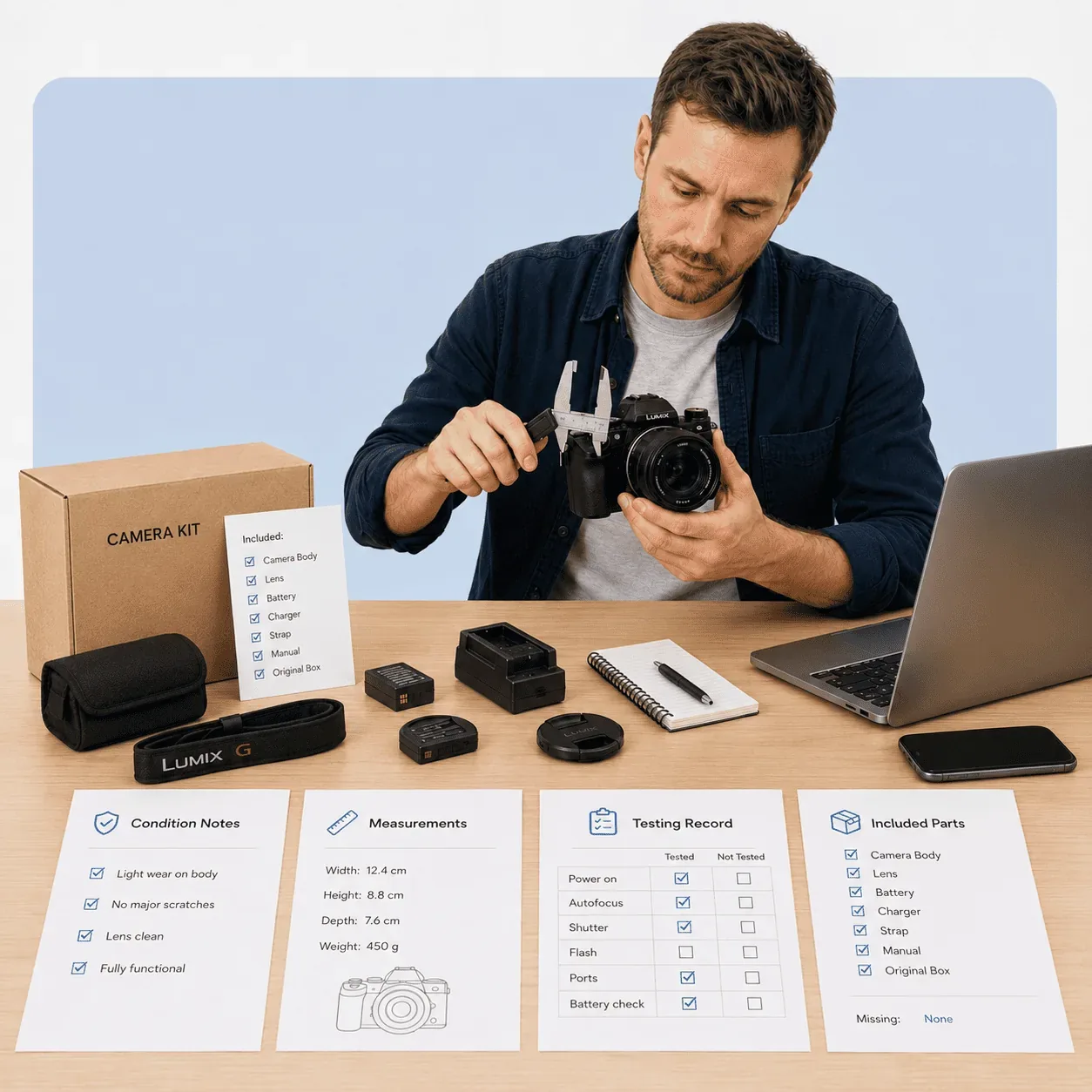 eBay reseller documenting a used camera kit for an accurate AI-assisted listing