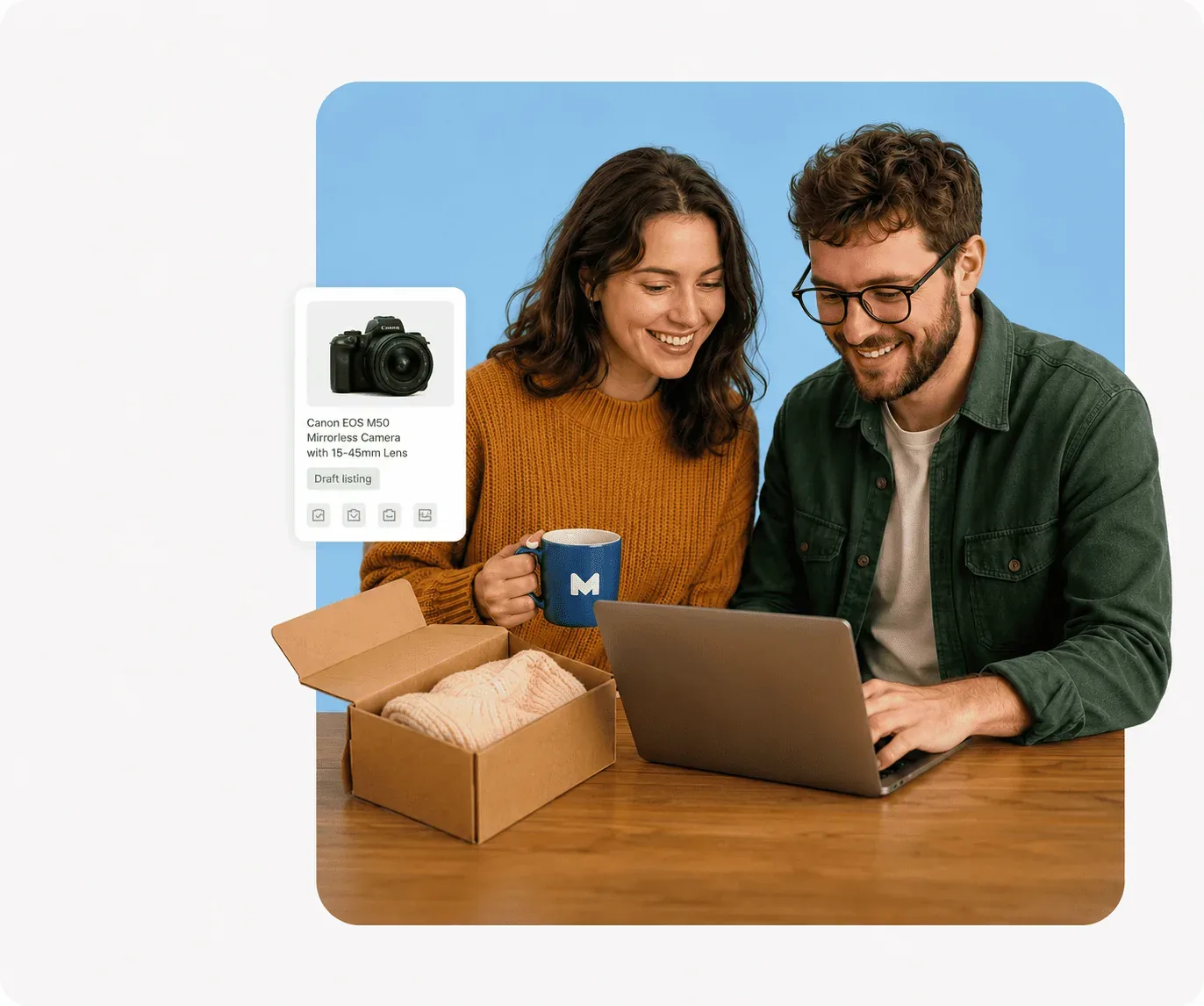 Two resellers preparing an eBay camera listing with AI assistance