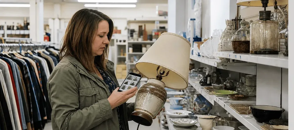 eBay reseller photographing a secondhand lamp before creating an AI-assisted listing