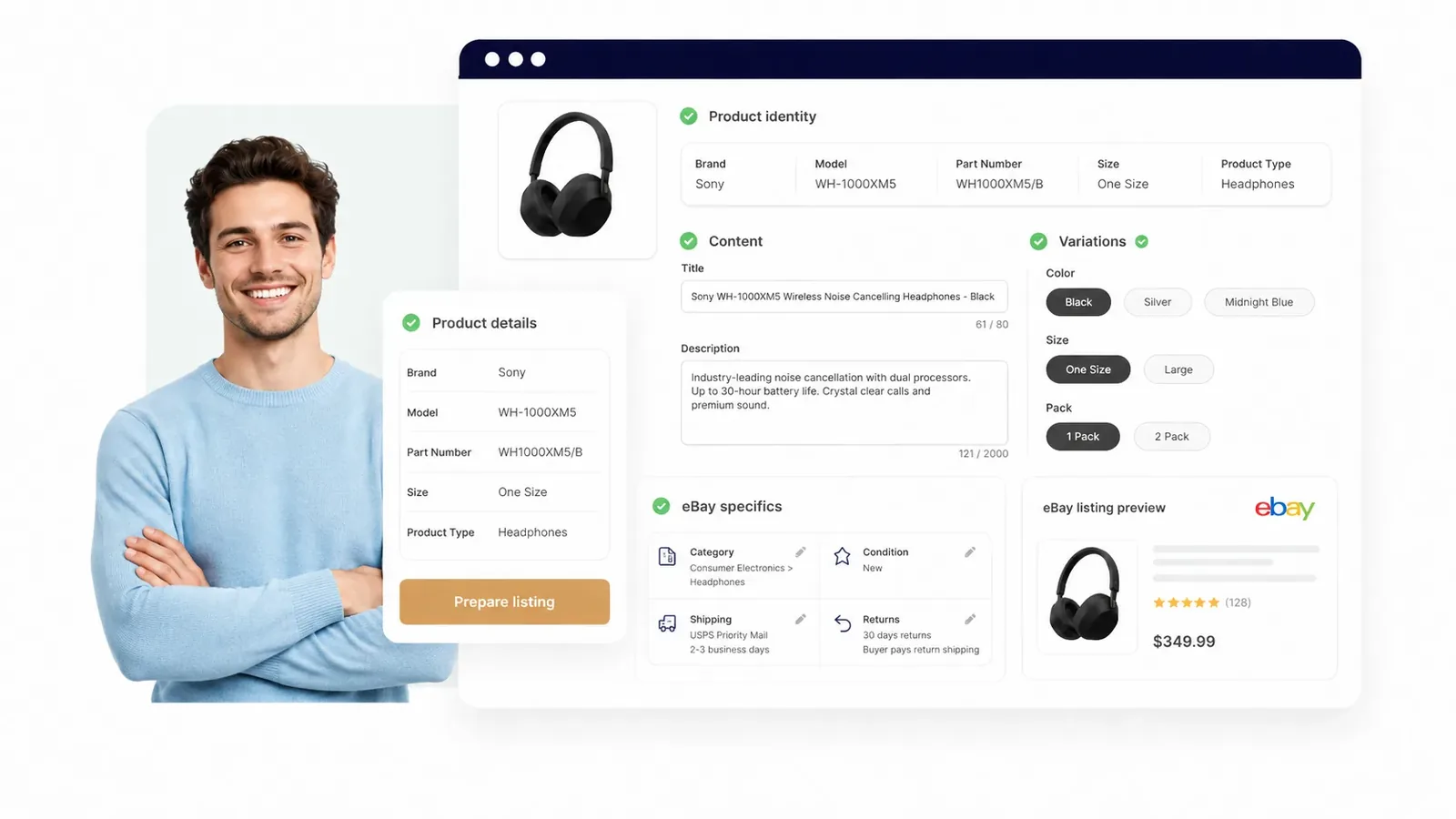 Organized product identity, content, variations, eBay specifics and listing preview