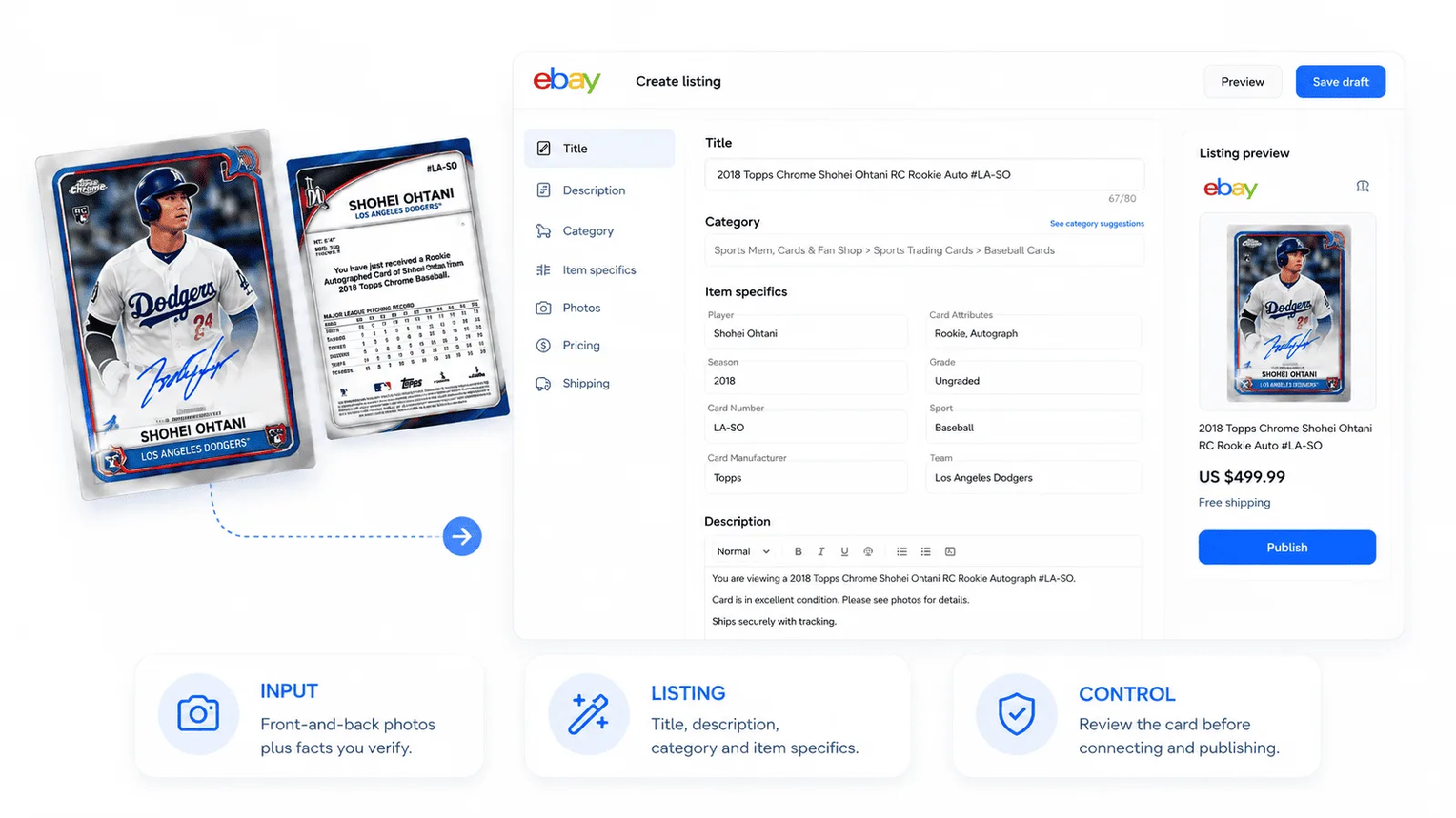 Sports card photos turning into an editable eBay listing workflow with review controls